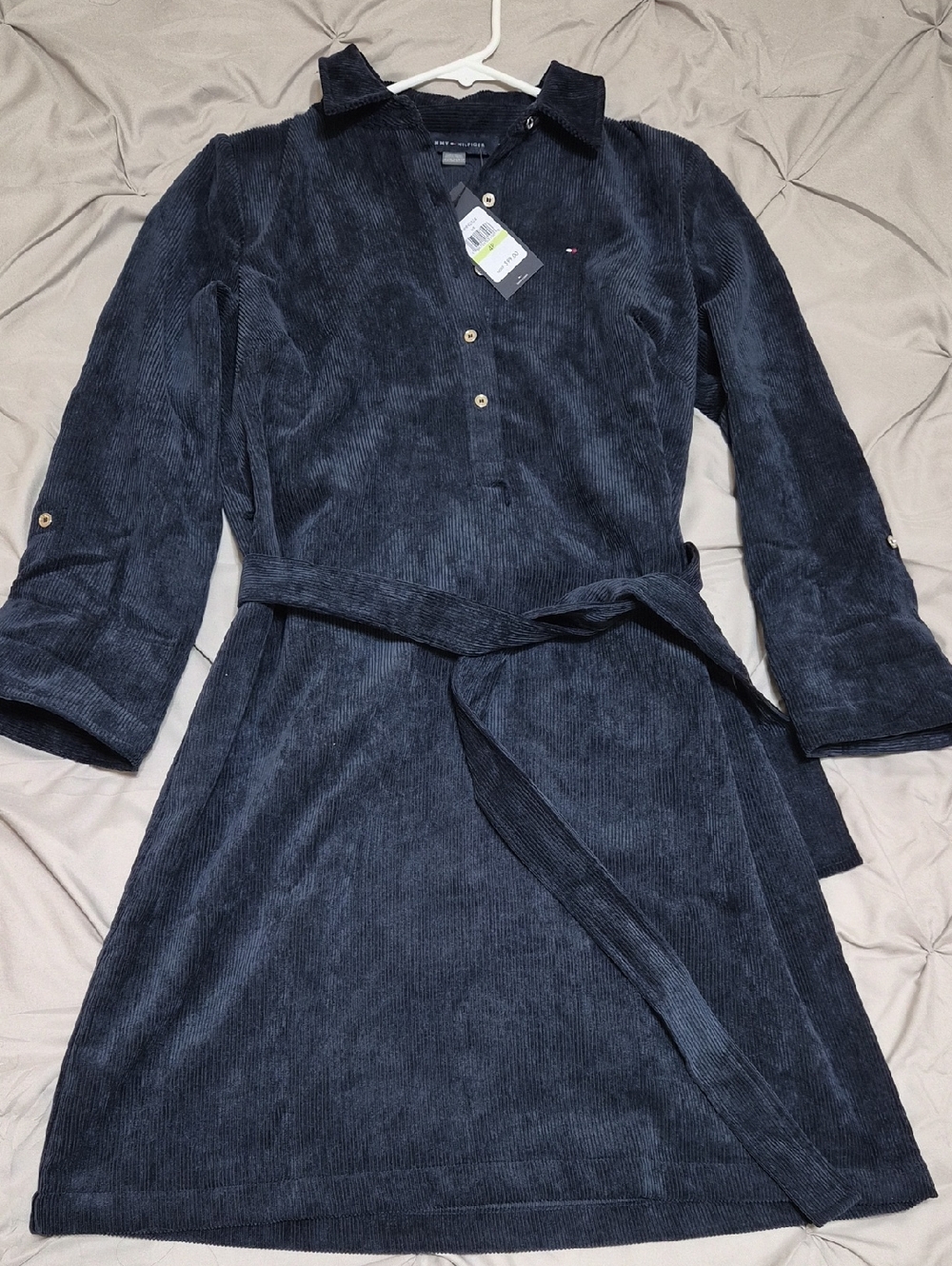 Tommy Hilfiger Dark Navy Corduroy Shirt Dress with Tie Waist